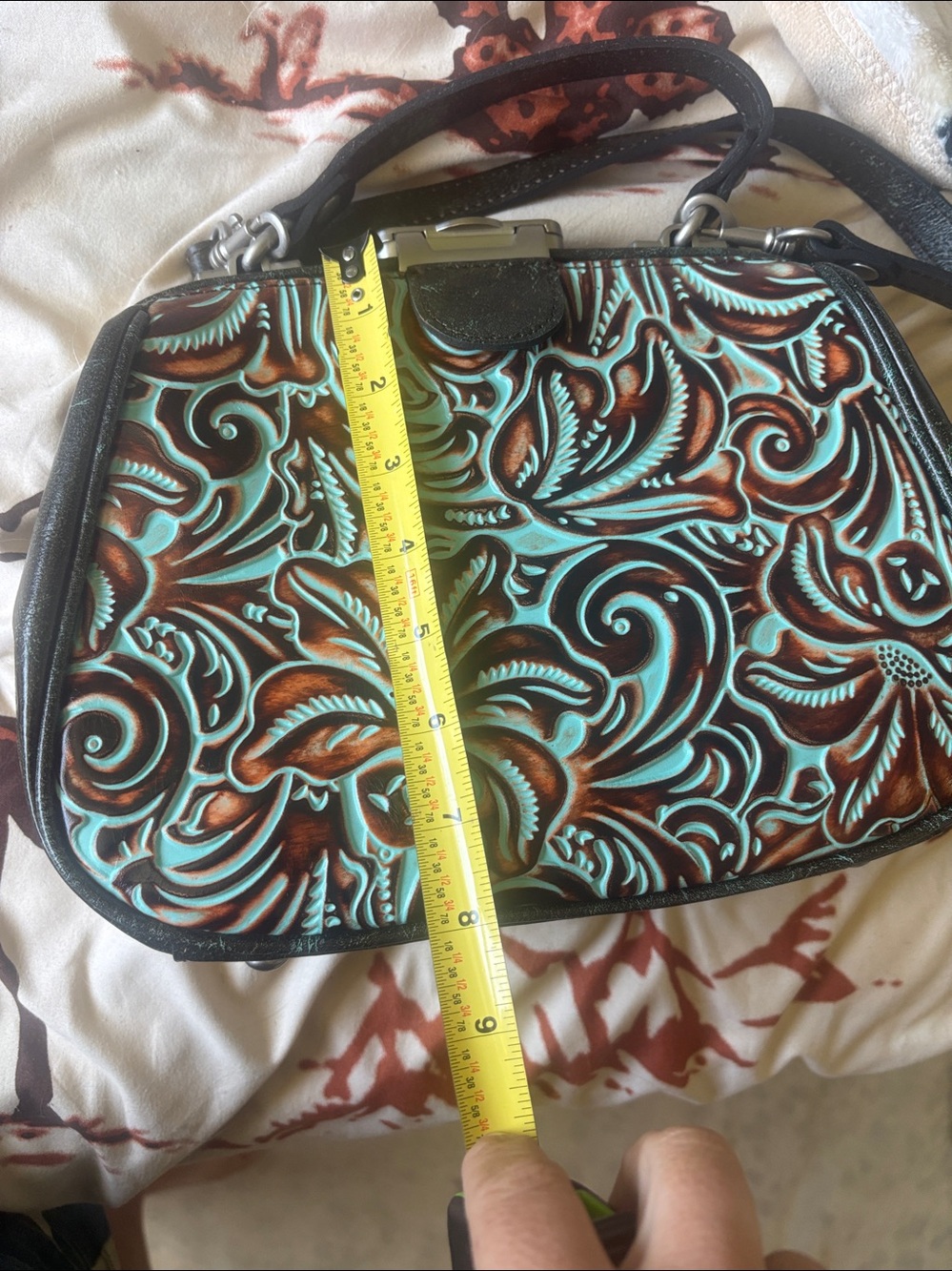 Patricia Nash Turquoise and Brown Tooled Floral Crossbody - Picture 5 of 5